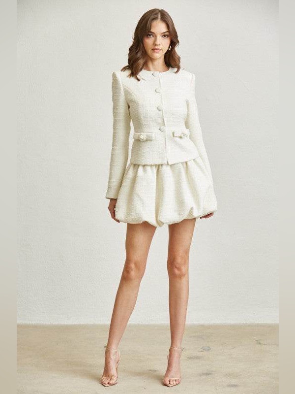 Nwt Blithe Set Textured Cream Two-Piece Jacket And Bubble Skirt Set Tweed